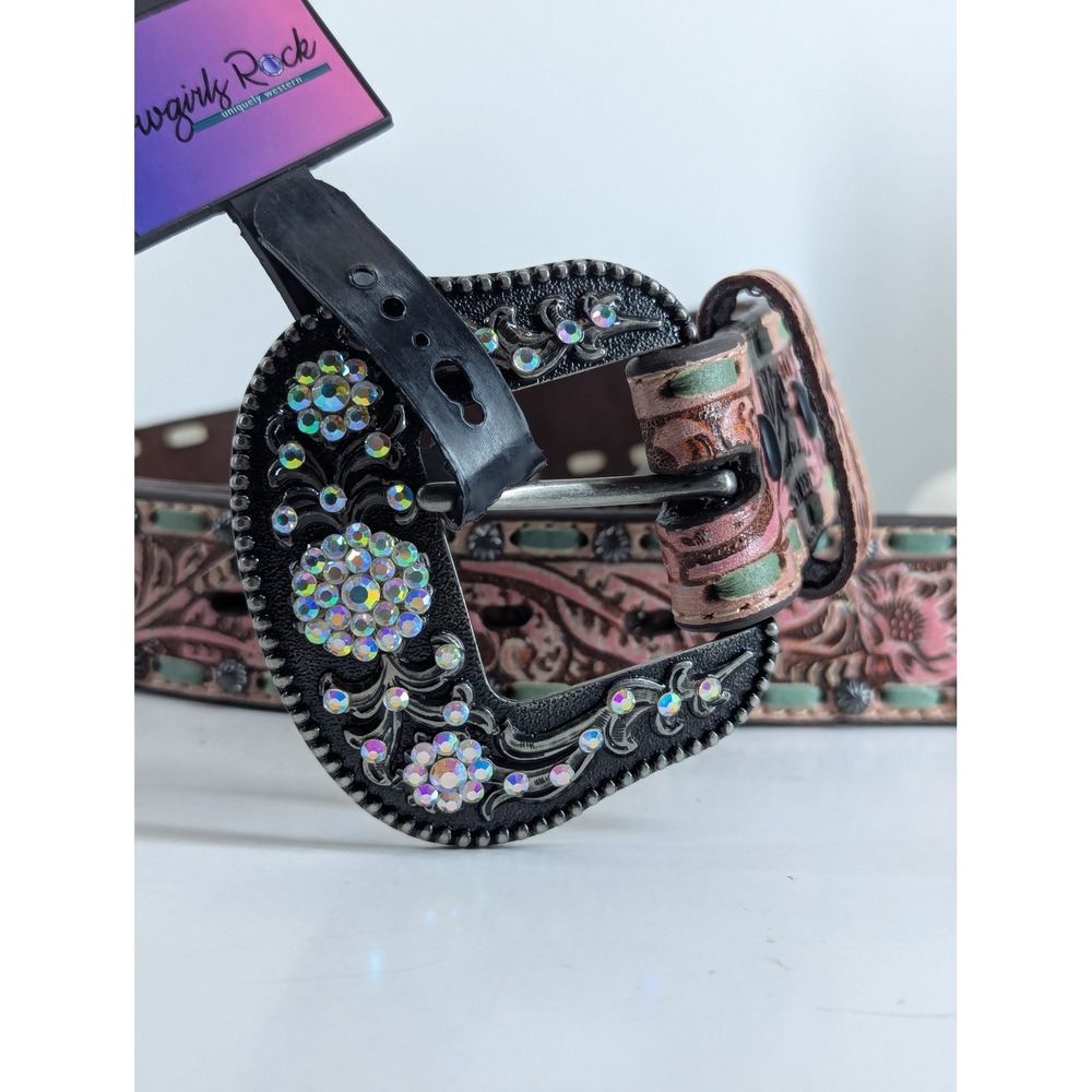 Roper Belt Strap Western Leather Belt XL Pink Floral Rhinestone Buckle NWT